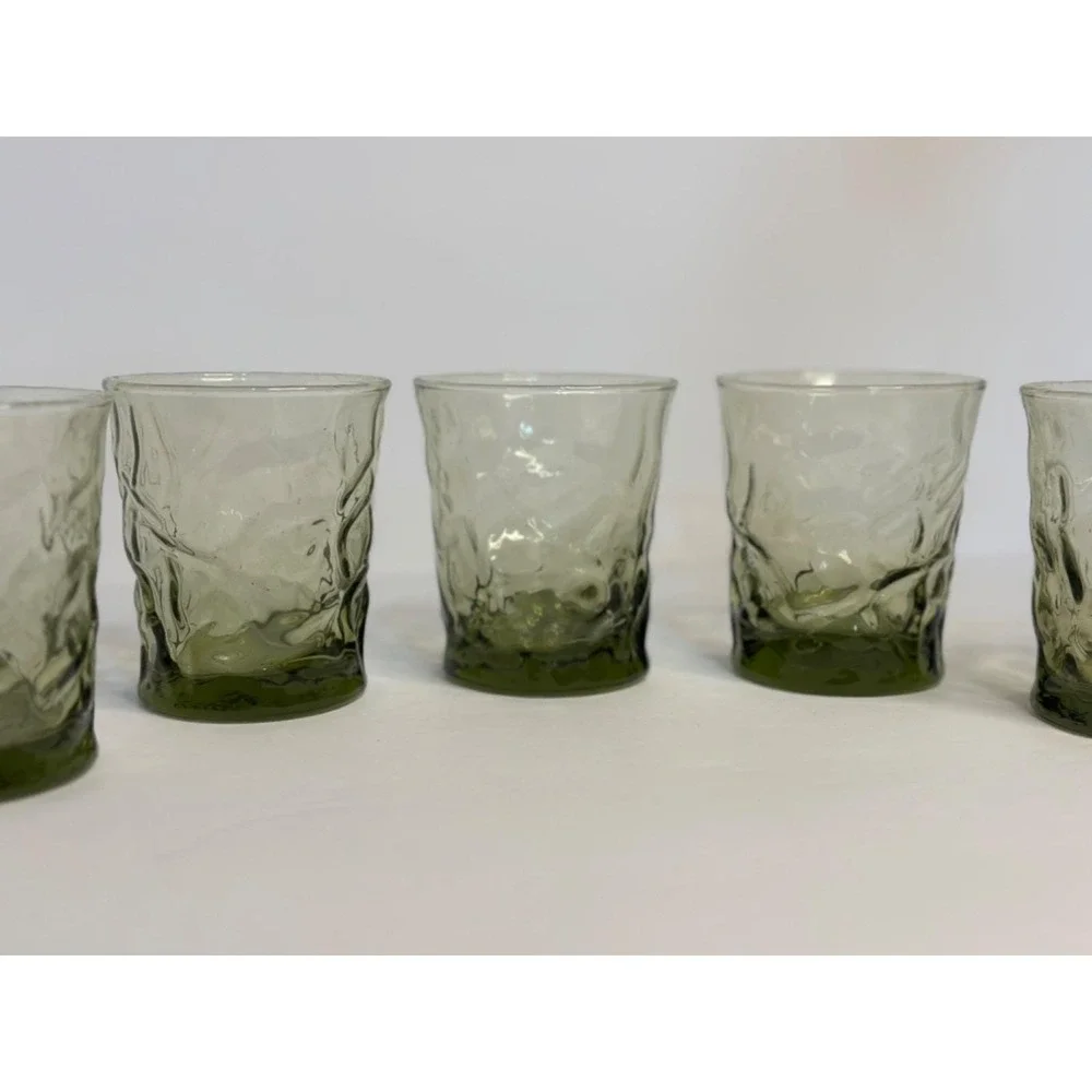 VTG Libbey Aztec Olive Green Drinking Glasses Set 5 MCM Textured Rocks Drinkware